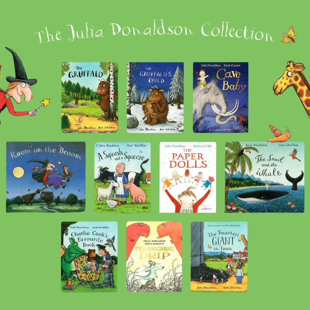 Julia Donaldson 10 Book Box Set – Includes the Gruffalo, Room on the Broom, the Snail and the Whale, the Gruffalo’s Child, the Paper Dolls, Tyrannosaurus Drip, Cave Baby, Monkey Puzzle, What the Ladybird Heard, and the Troll