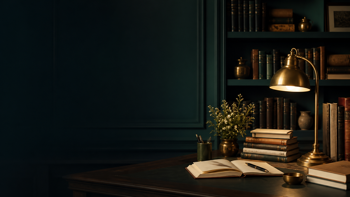 Elegant dark teal bookstore reading desk with books and a brass lamp